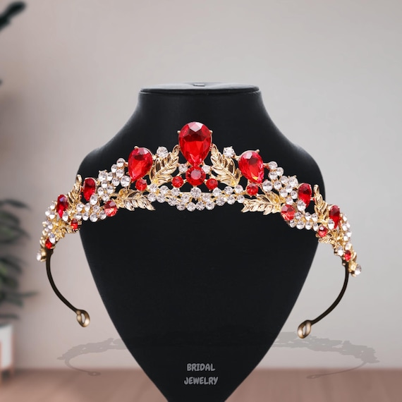 Red Rhinestone Gold Bridal Crown: Elegant Crystal Wedding  display picture 1