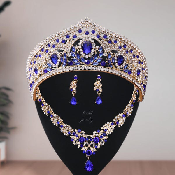 Blue Sapphire Bridal Crown Set - Elegant Tiara, Necklace Earrings Jewelry