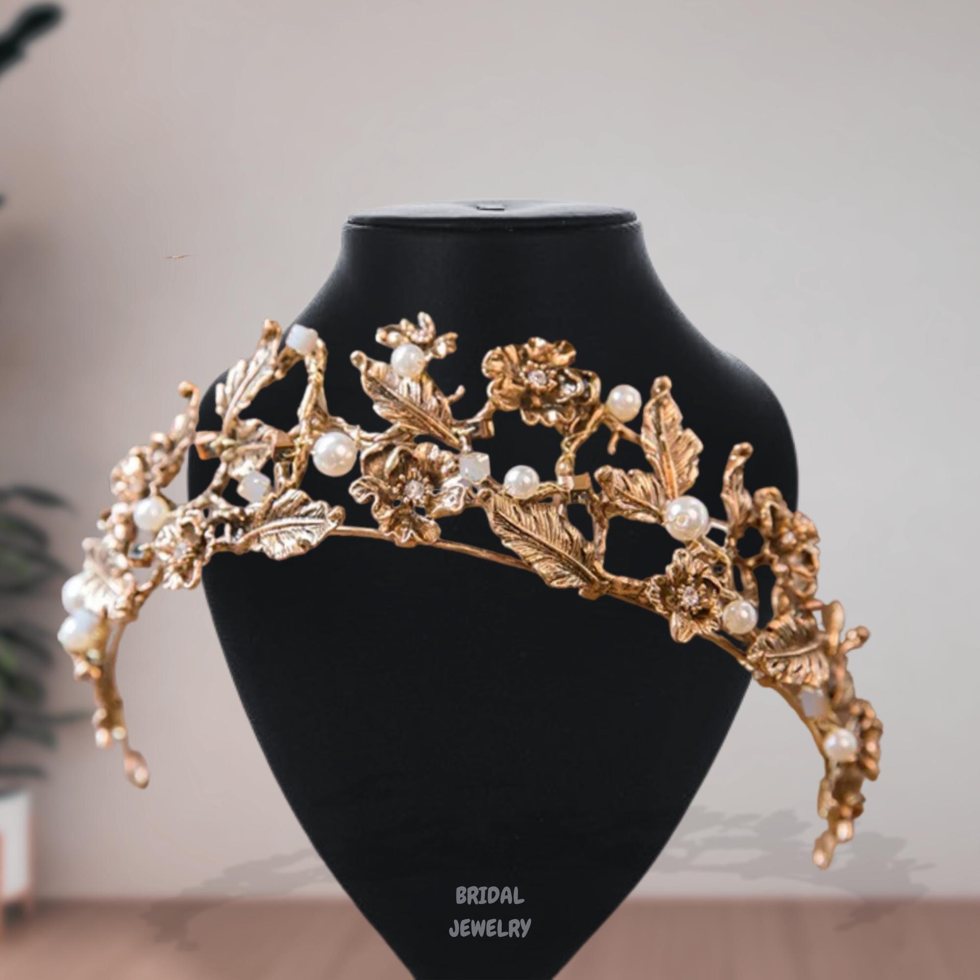 Gold pearl princess crown crystal tiara sweet 16th Noelle & Ava - Gold Queen Mary Rhinestone Tiara Crown with  main image 3