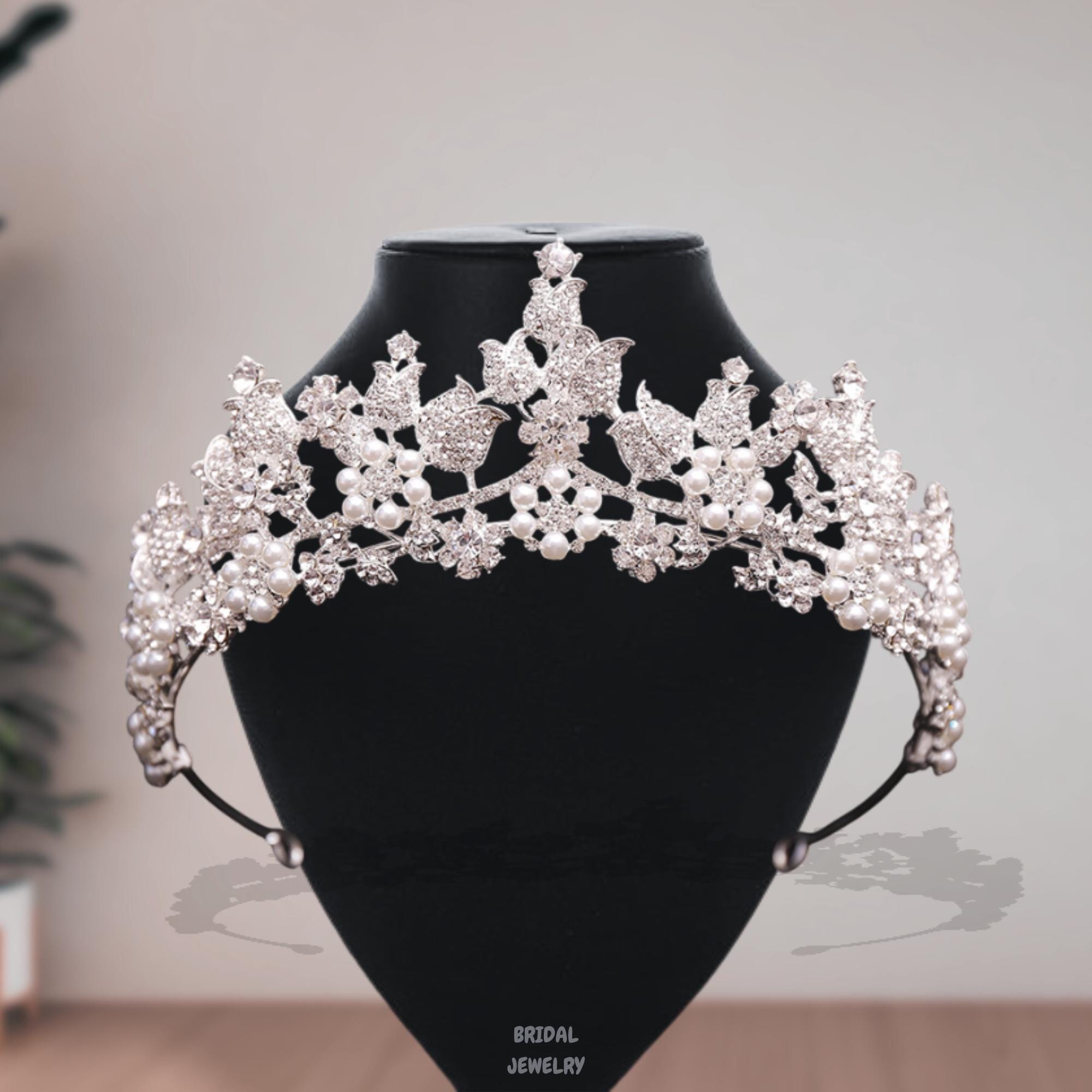 Silver Rhinestone And Pearl Adult Bridal Crown Wedding Tiara Crystal Wedding Crown Bridal Tiara - SERENA  main image 2