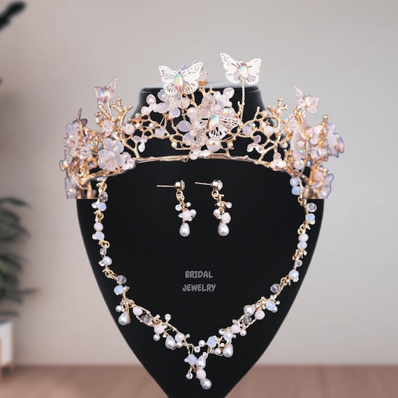 Gold crown butterfly wedding tiara birthday party gift bridal jewelry set Butterfly Tiara, Gold Butterfly Crown Headband, Gift for  main image 4