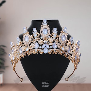 Elegant Bridal Blue Sapphire Opal Crown, Wedding Princess Gold Blue Crystal Tiara, Women Pageant Diadem Bridal Blue Crown, Prom Party Crown