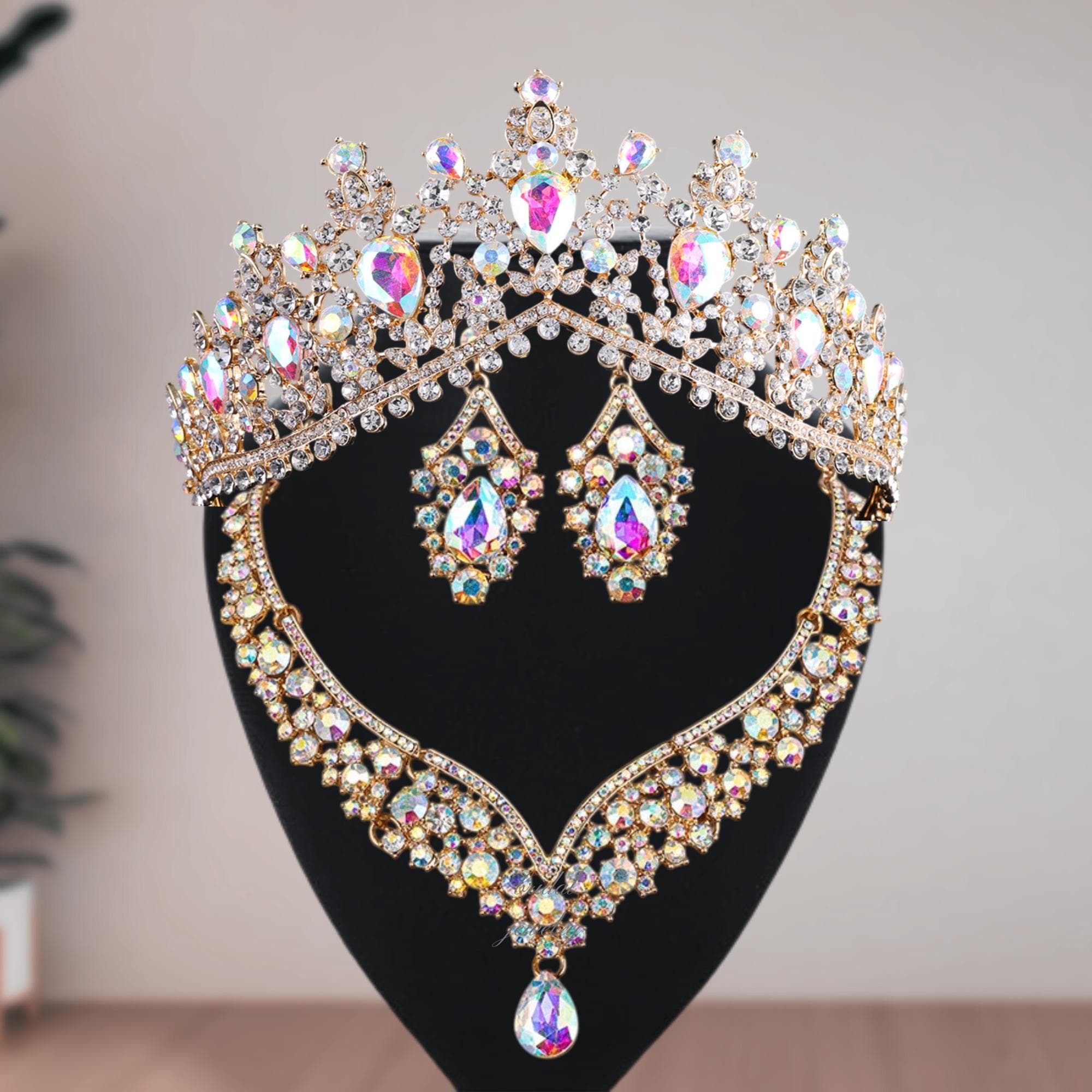 AB Bridal Jewelry Set Tiaras Earrings Necklaces Set Wedding Dress Crown high-end gold white tiara necklace earrings jewelry sets  main image 3