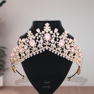 Light pink Wedding Crown, Elegant Bridal Pink Rhinestone Gold Tiara, Handmade Tiara, Quinceanera Crown for Her, Women Hair Accessories
