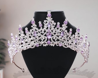 Lila strass brudkrona tiara, silver bröllopstiara, hårband med balklänning
