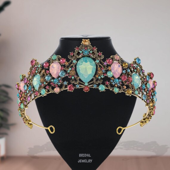 Vintage Gold Bridal Crown: Elegant Colorful Gemstone Tiara  display picture 3