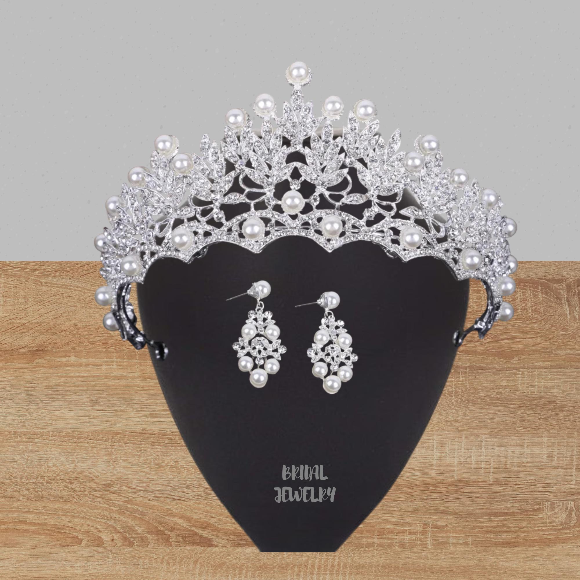 Pearl & Crystal Bridal Tiara Necklace Earring Set - Silver Tone Brigita - Princess drop crystal Bridal necklace and earring  main image 2