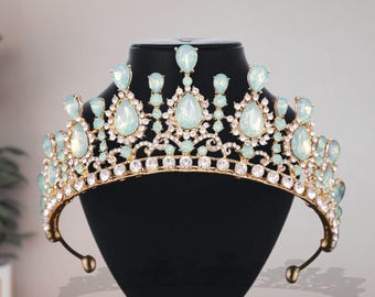 Corona nupcial de diamantes de imitación de ópalo verde claro, tiara dorada de princesa y fiesta de graduación, joyas para el cabello de quinceañera