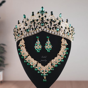 Green Gothic Crystal Tiara Set: Bridal Crown, Necklace & Earrings