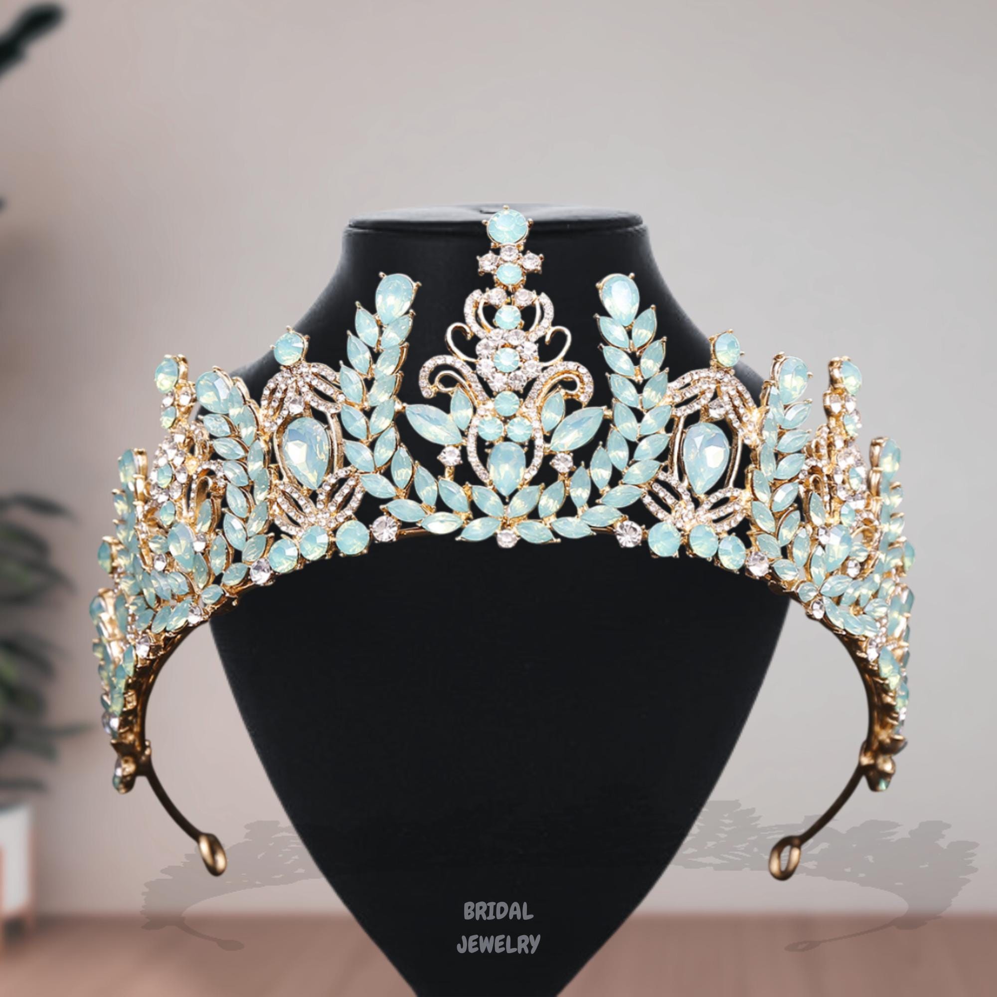 Bridal Blue Opal Crown: Silver Rhinestone Wedding Tiara - Etsy display picture 1