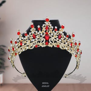 Red Crystal Bridal Gold Crown, Elegant Princess Wedding Prom Party Tiara, Pageant Women Red Gold Crown, Princess Handmade Crown, Boho Crown