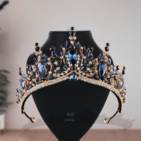 Dark Blue Gold Bridal Tiara, Wedding Quinceanera Crown, Birthday Gift, Pageant Hair Accessories