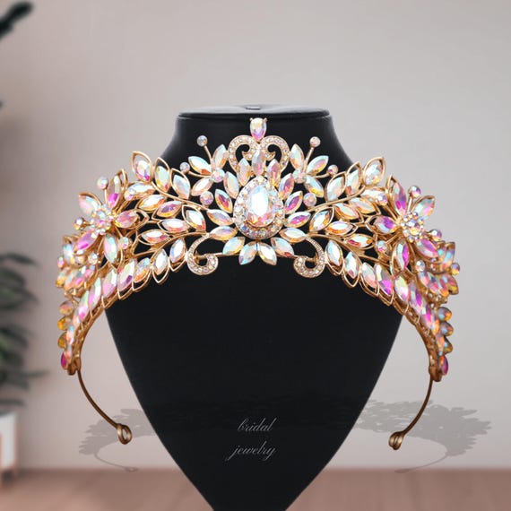 Princess AB Rhinestone Gold Crown, Wedding Crystal Tiara  display picture 3