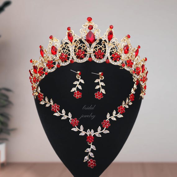 Luxury Red Rhinestone Bridal Jewelry Set: Floral Tiara Crown 