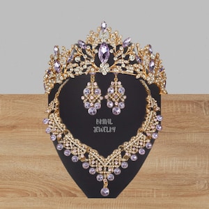 Purple Bridal Crown Set, Gold Wedding Purple Rhinestone Pearl Tiara, Elegant Prom Crystal Crown, Necklace and Earring Set, Gift Her