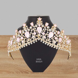 Geometric Opal Style Pink/Blue/Green Rhinestone Crown, Queen Bridal Gold And Silver Crown, Princess Birthday Crown, Women Hair Jewelry