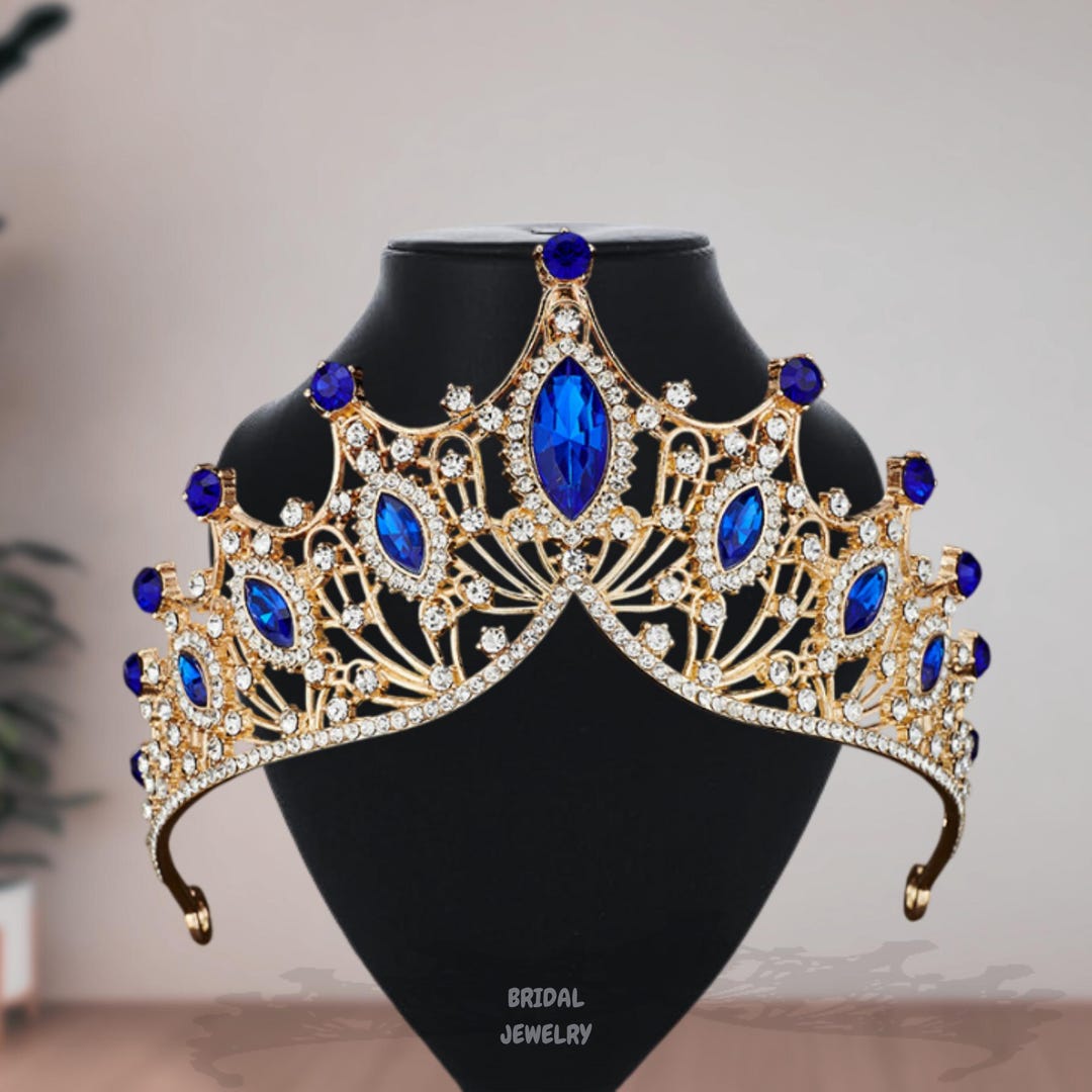 Vintage Gold Crown Queen Headband, Sapphire Bue Wedding Tiara, Hair Jewelry Fast Ship - 2.5 main image 4