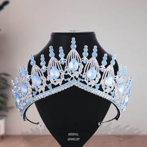 Sky Blue Sapphire Rhinestone Crystal Crown, Elegant Queen Silver/Gold  Tiara, Prom Wedding Blue Tiara, Gift For Her, Handmade Crown