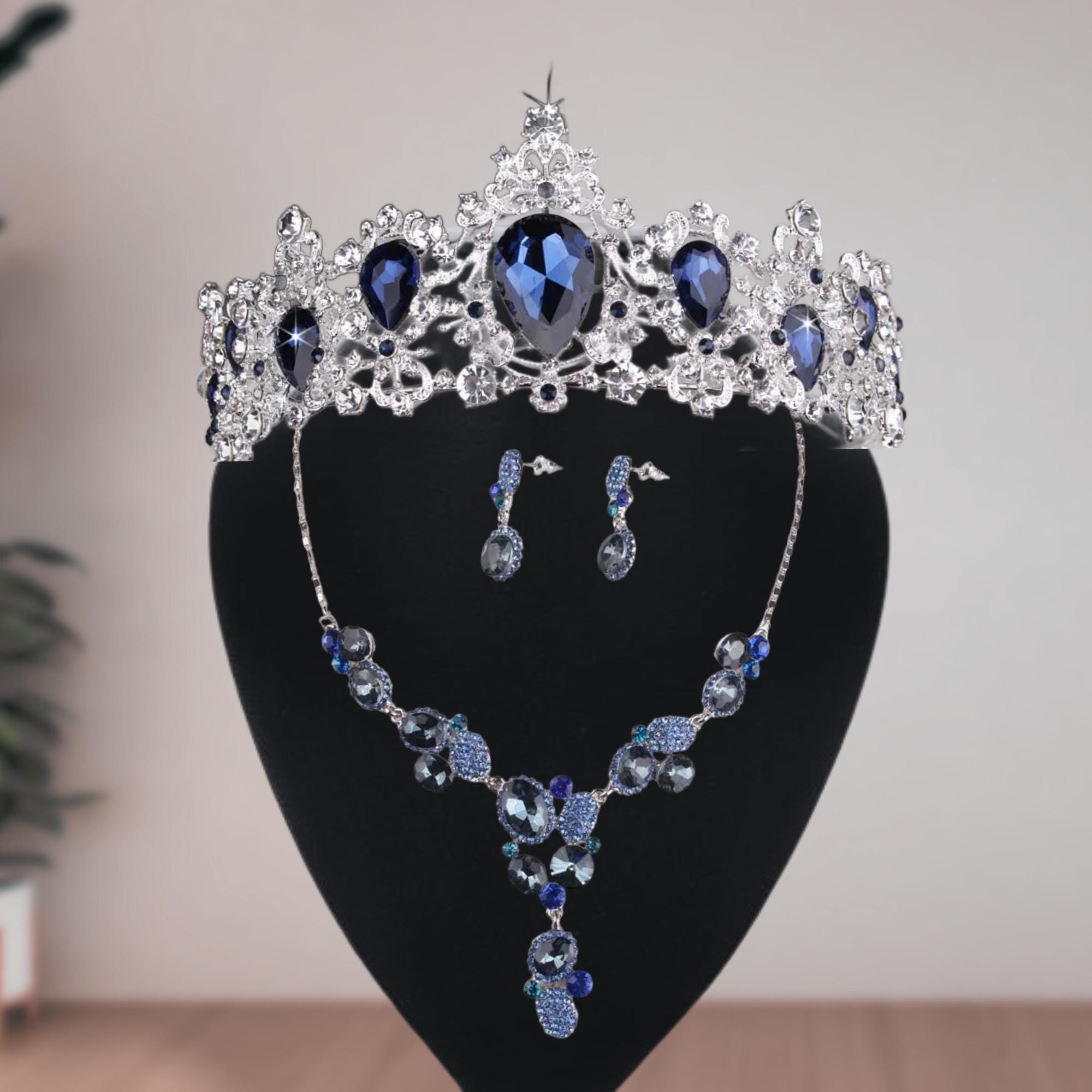 Blue crystal tiara set with jewelry set necklace and earrings gift Royal Blue Crystal Bridal Set Tiaras and Earrings and  main image 3