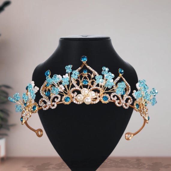 Sky Blue Crystal Bridal Crown, Pearl Wedding Tiara - Etsy display picture 2