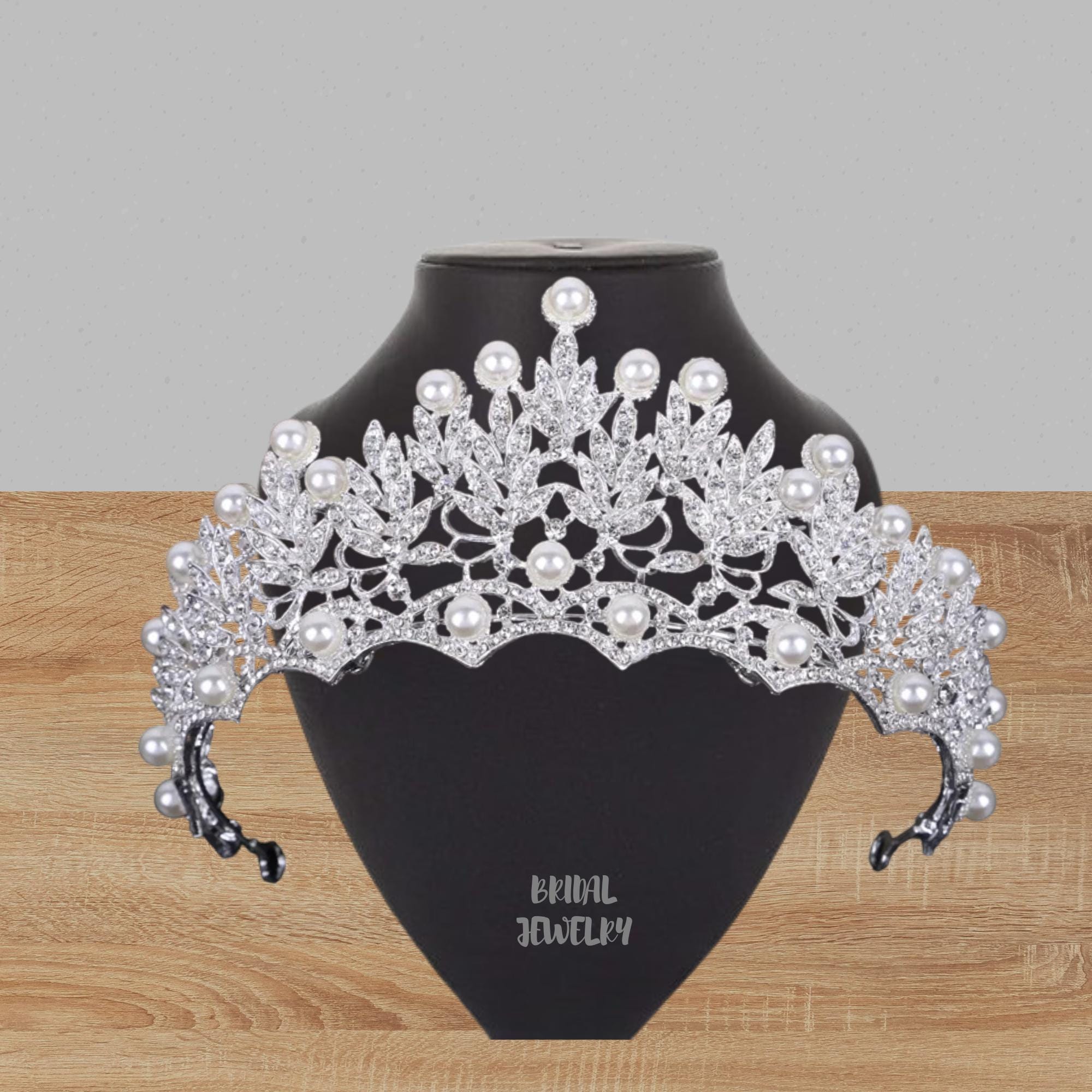 Pearl & Crystal Bridal Tiara Necklace Earring Set - Silver Tone Bridal Pearl Necklace and Earrings 3 PC Jewelry Set, Wedding  main image 2