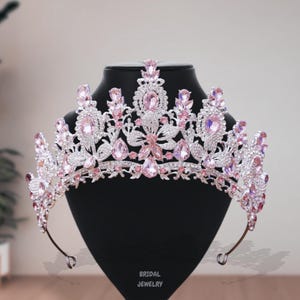 Elegant Bridal Silver Pink Crystal Crown, Prom Crystal Tiara, Pink Gold Wedding Women Pageant Crown, Rhinestone Crown, Gift for Her