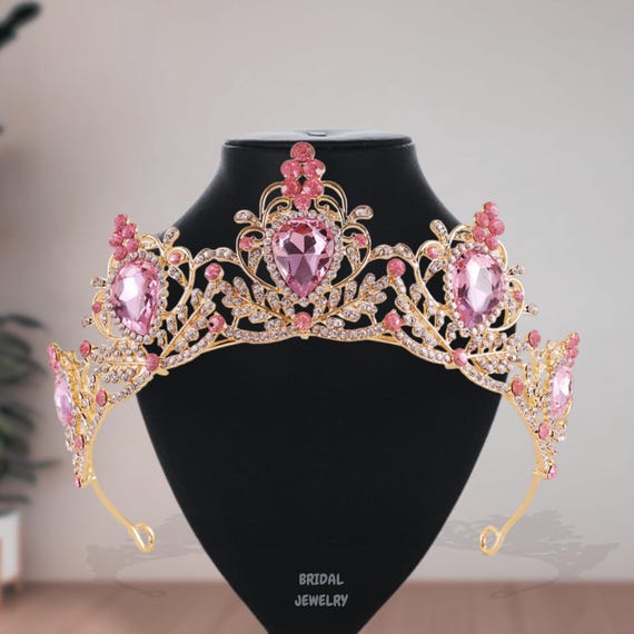 Gold Tiara with Pink Teardrop Crystals - Women\'s Hair Accessory Teardrop Stone Accented Crown Tiara – Madeline Love main image 2