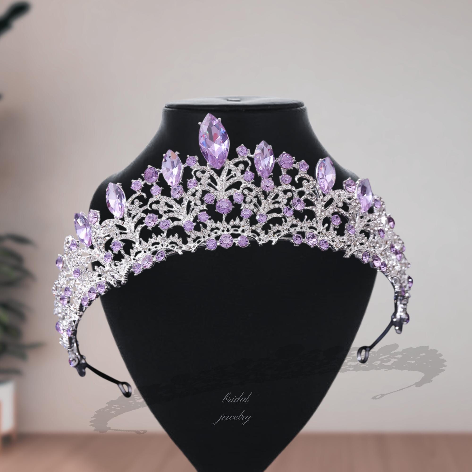 Purple Rhinestone Wedding Tiara: Silver Pageant Crown, Boho 