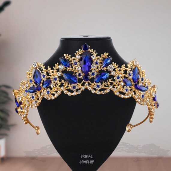 Elegant Gold and Blue Tiara Dark Blue Gold Bridal Tiara, Halloween Quinceanera Crown  main image 2