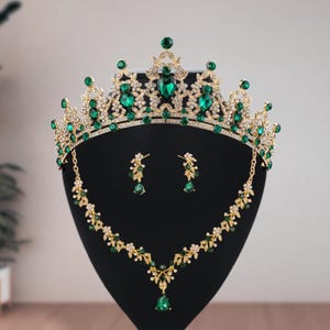 Green Crystal Bridal Jewelry Set: Quinceanera Crown, Necklace, Earrings