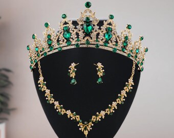 Green Crystal Bridal Crown Set — Gold Tiara — Necklace  display picture 3