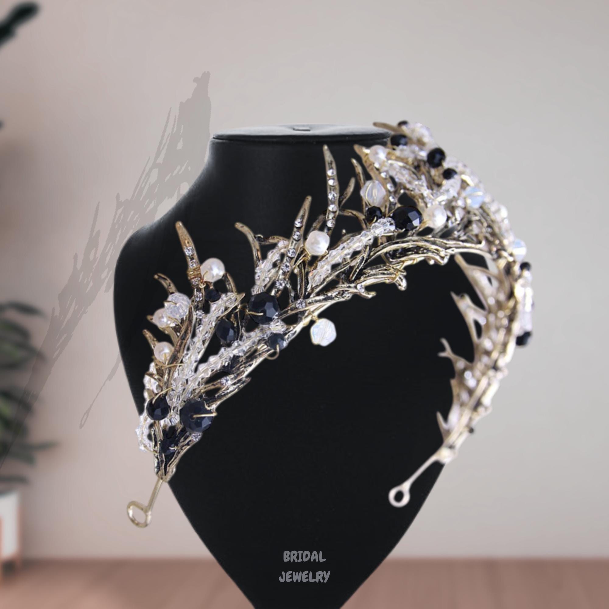 Elegant Gold and Black Crown with Pearls Tiara - Elegant Coppery-Gold and Black Diamond Rhinestone  main image 3