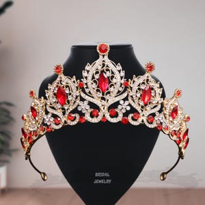 Baroque Bridal Wedding Crown, Red Rhinestone Gold Tiara, Elegant Queen Bridal Tiara, Gift Her, Prom Event Women Crown, Wedding Jewelry
