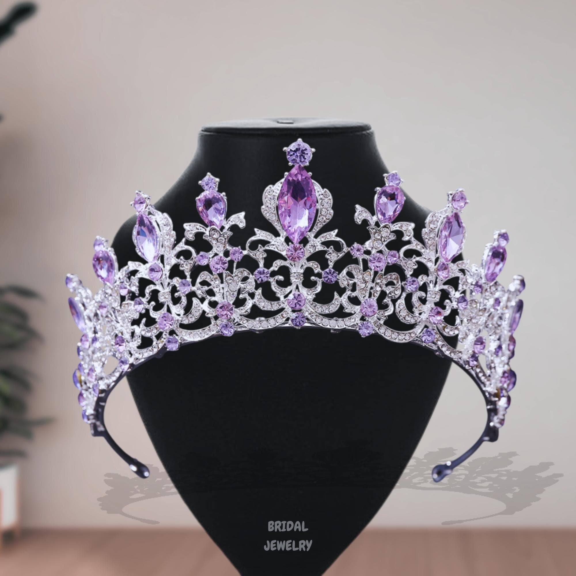 Purple Crystal Bridal Tiara Crowns Rhinestone Purple Bridal Jewelry Set with Tiara | Crystal Wedding  main image 4