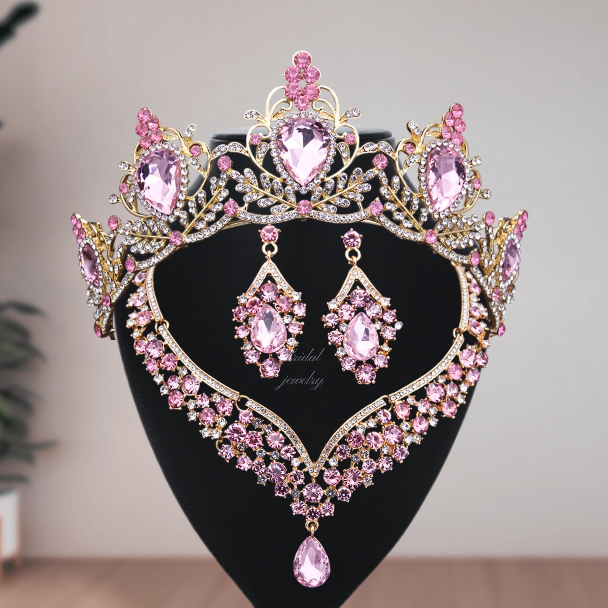 Elegant Pink and Gold Crystal Bridal Tiaras and Jewelry Set for Women Purple3-  main image 4