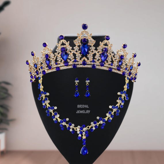 Blue Crystal Bridal Crown Set: Gold Princess Tiara, Necklace  display picture 1