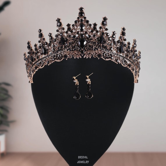 Black Rhinestone Bridal Crown Set: Vintage Wedding Tiara  display picture 2