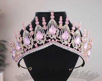 Pink Opal Rhinestone Bridal Crown, Wedding Quincenera Crystal Pink Tiara, Princes Hairband Jewelry, Prom