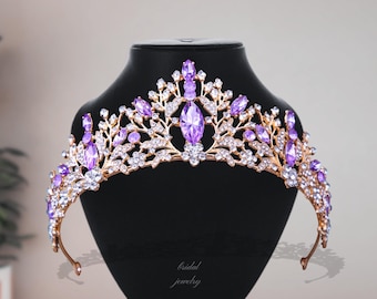 Purple Crystal Wedding Tiara: Gold Floral Bridal Crown, Wedding Hairband