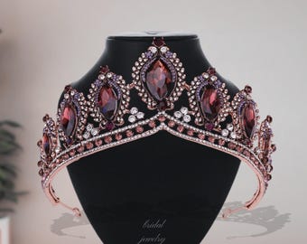 Baroque purple black tiara crown queen crystal bride wedding dress anniv… Baroque Purple Tiara, Victorian Purple Silver Tiara  main image 4