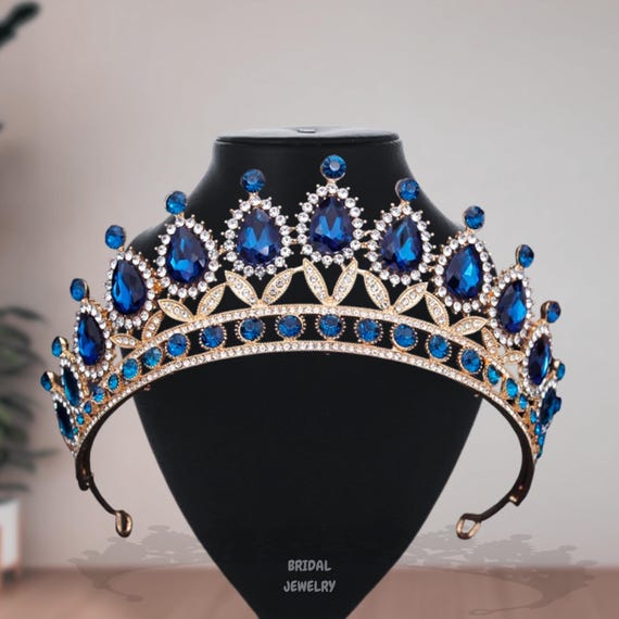 Blue Sapphire Bridal Crown: Elegant Gold Tiara, Pageant  display picture 2