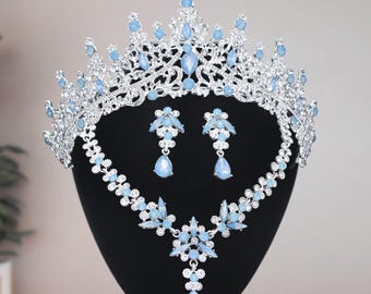 Blue Opal Crown Set, Bridal Rhinestone Tiara, Necklace and Earring Jewelry, Bridesmaid Gift