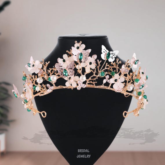 Elegant Gold and Pearl Butterfly Floral Tiara Amazon.com: Kisshine Bride Wedding Flower Crowns and Tiaras  main image 4