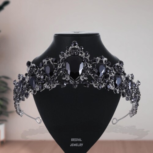 Black Rhinestone Bridal Crown: Gothic Wedding Tiara 