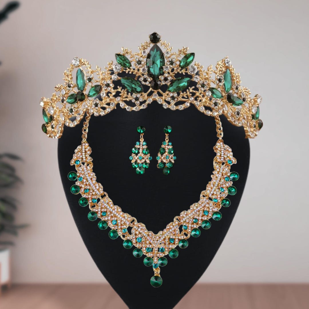 Elegant Gold and Green Tiara and Jewelry Set Emerald Green Crystal Tiara Set, Baroque Gold Leaf Necklace  main image 2