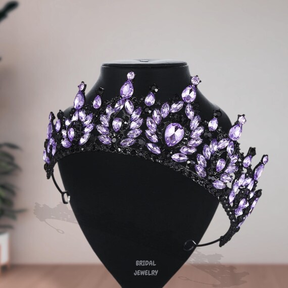 Elegant Purple Bridal Tiara: Black Crystal Queen Crown  display picture 1