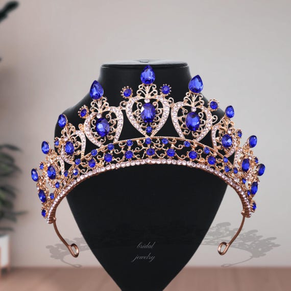 Elegant Bridal Gold Crown: Blue/red/green Rhinestone Tiaras  display picture 1