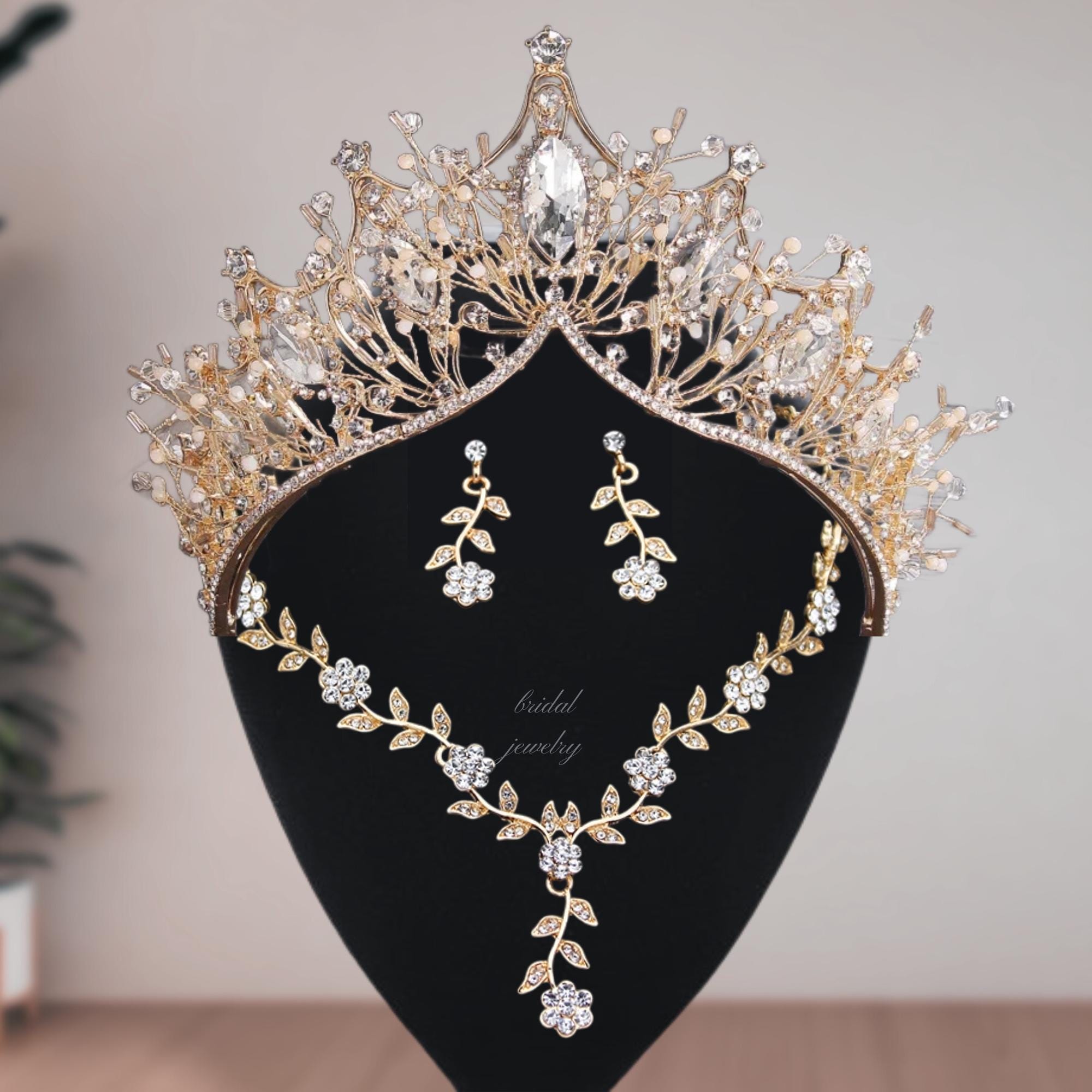 Vintage Rhinestone Tiara Set Gold Bridal Prom Crown Lot Vintage Royal Queen Teardrop Rhinestone Diadem Tiaras Crown  main image 3