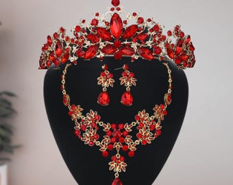 Red Crystal Bridal Jewelry Set: Rhinestone Tiara, Necklace  display picture 3