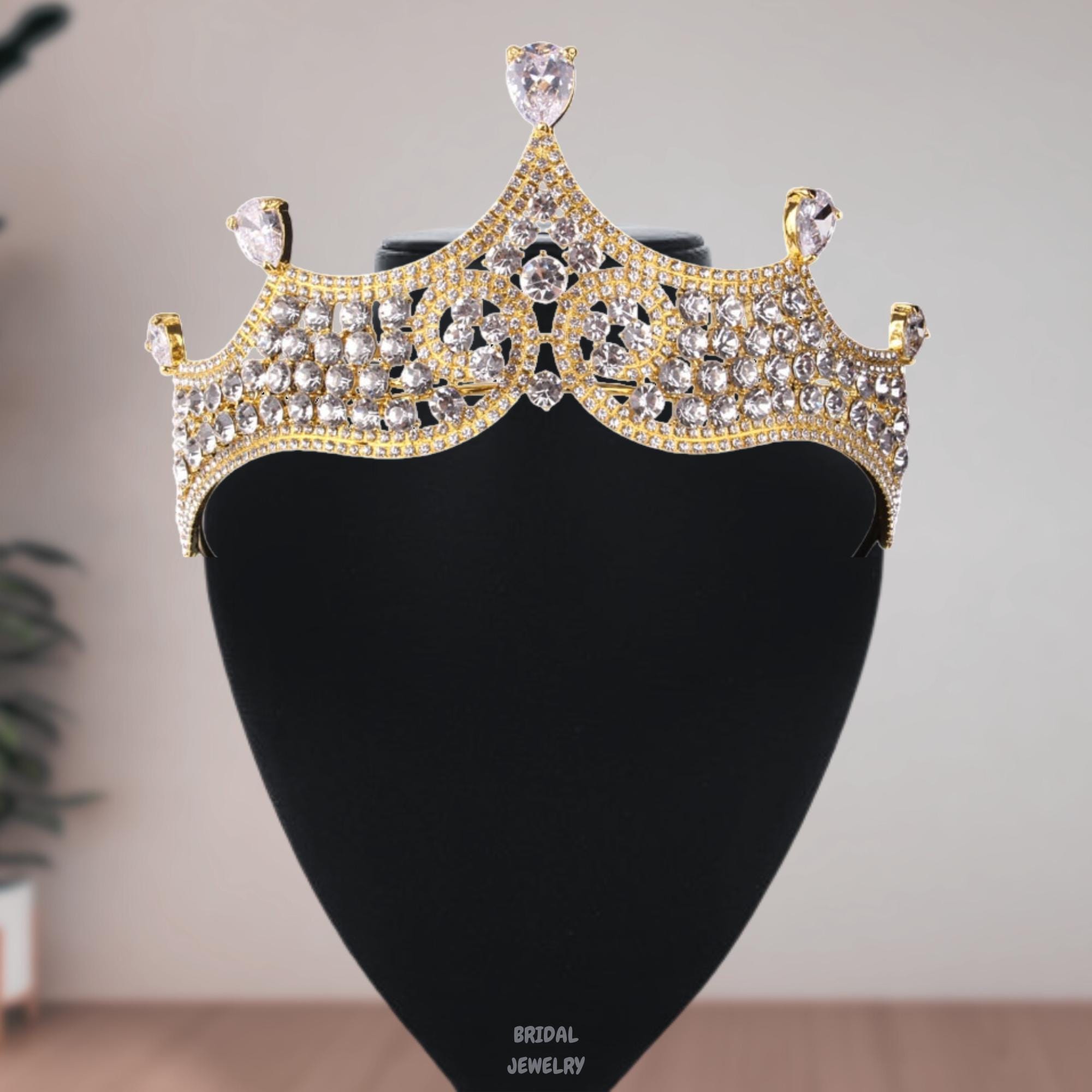 Handmade Rhinestone Gold Bridal Crown: Queen Tiara, Gift Her 